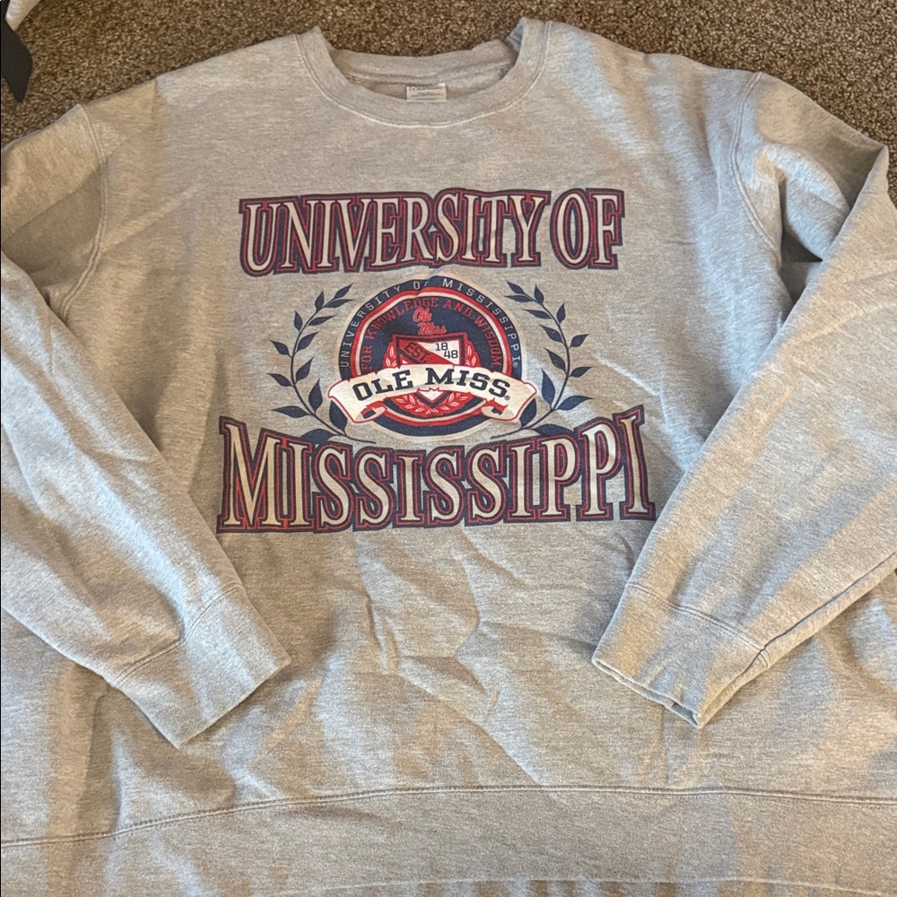 Port and Company Grey Crewneck Sweatshirt with Maroon Ole Miss Graphic